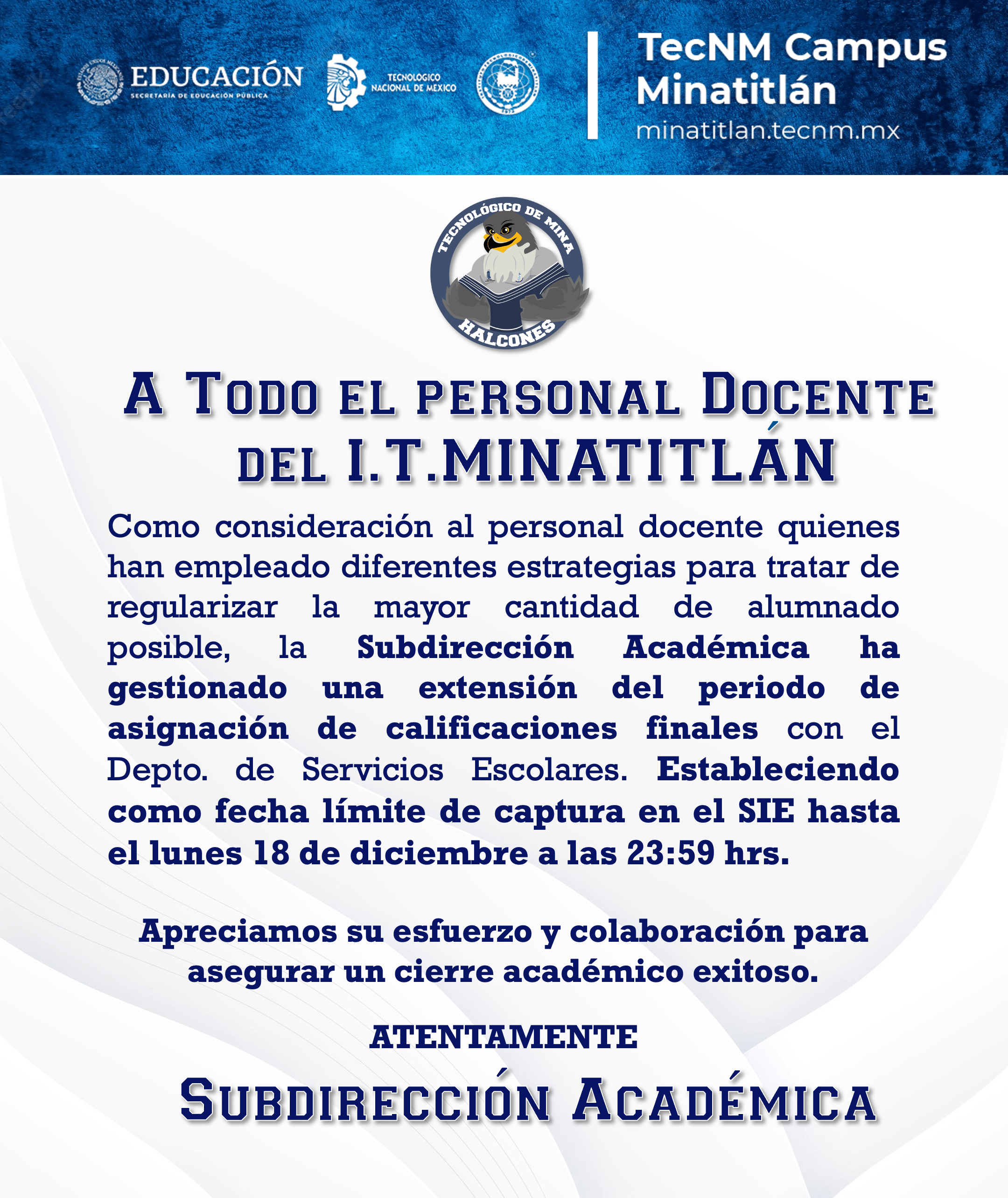 COMUNICADO: A TODAS Y TODOS LOS DOCENTES DEL I.T.MINATITLÁN