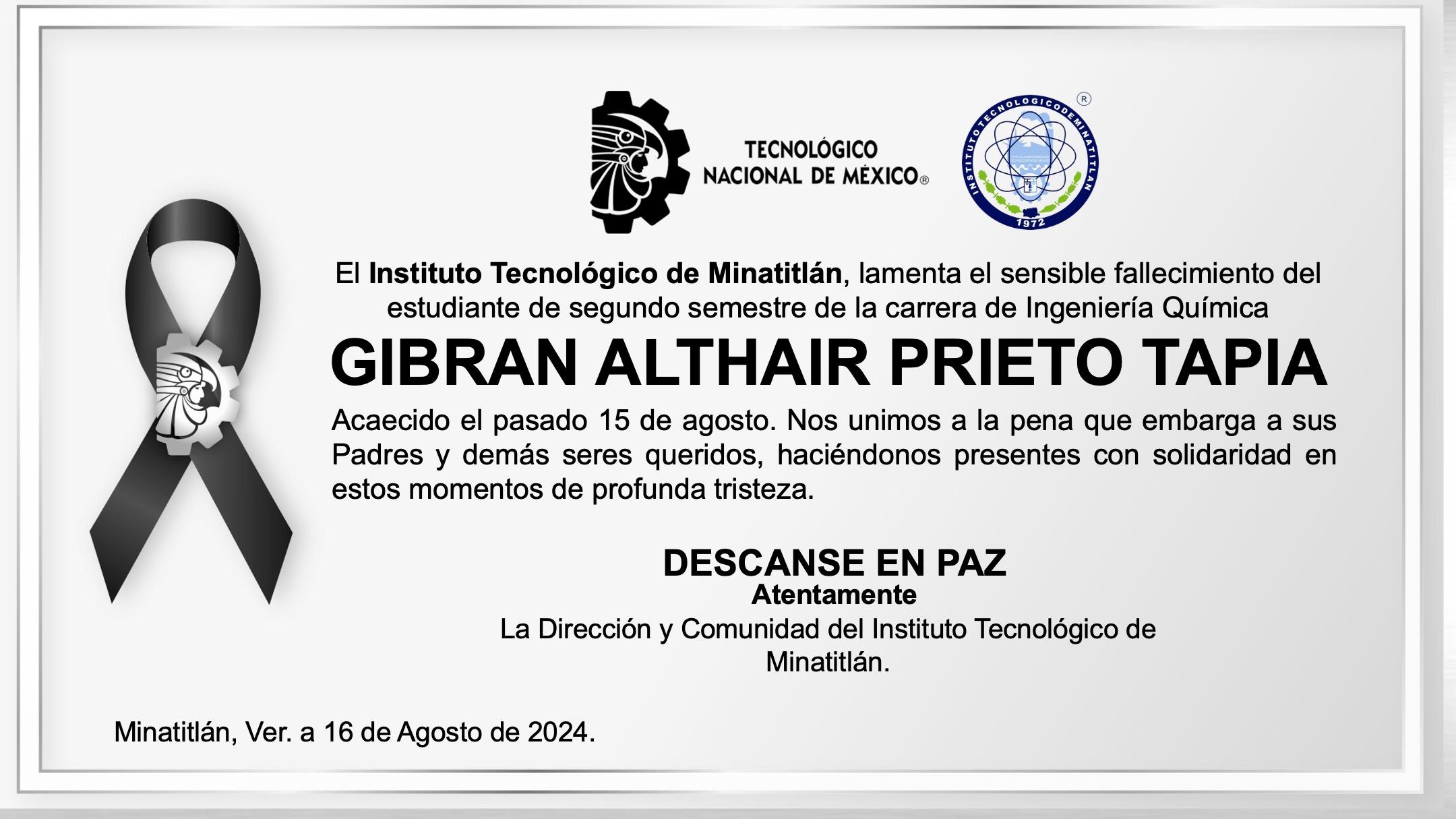 ESQUELA ESTUDIANTE: GIBRAN ALTHAIR PRIETO TAPIA