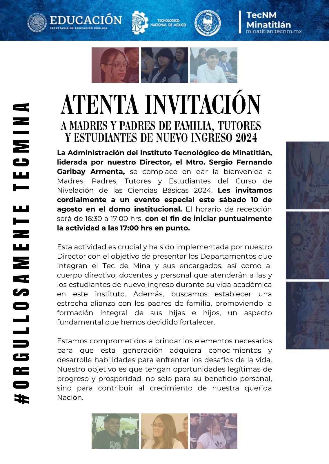 INVITACIÓN CEREMONIA DE BIENVENIDA DEL CURSO DE NIVELACIÓN DE LAS CIENCIAS BÁSICAS 2024