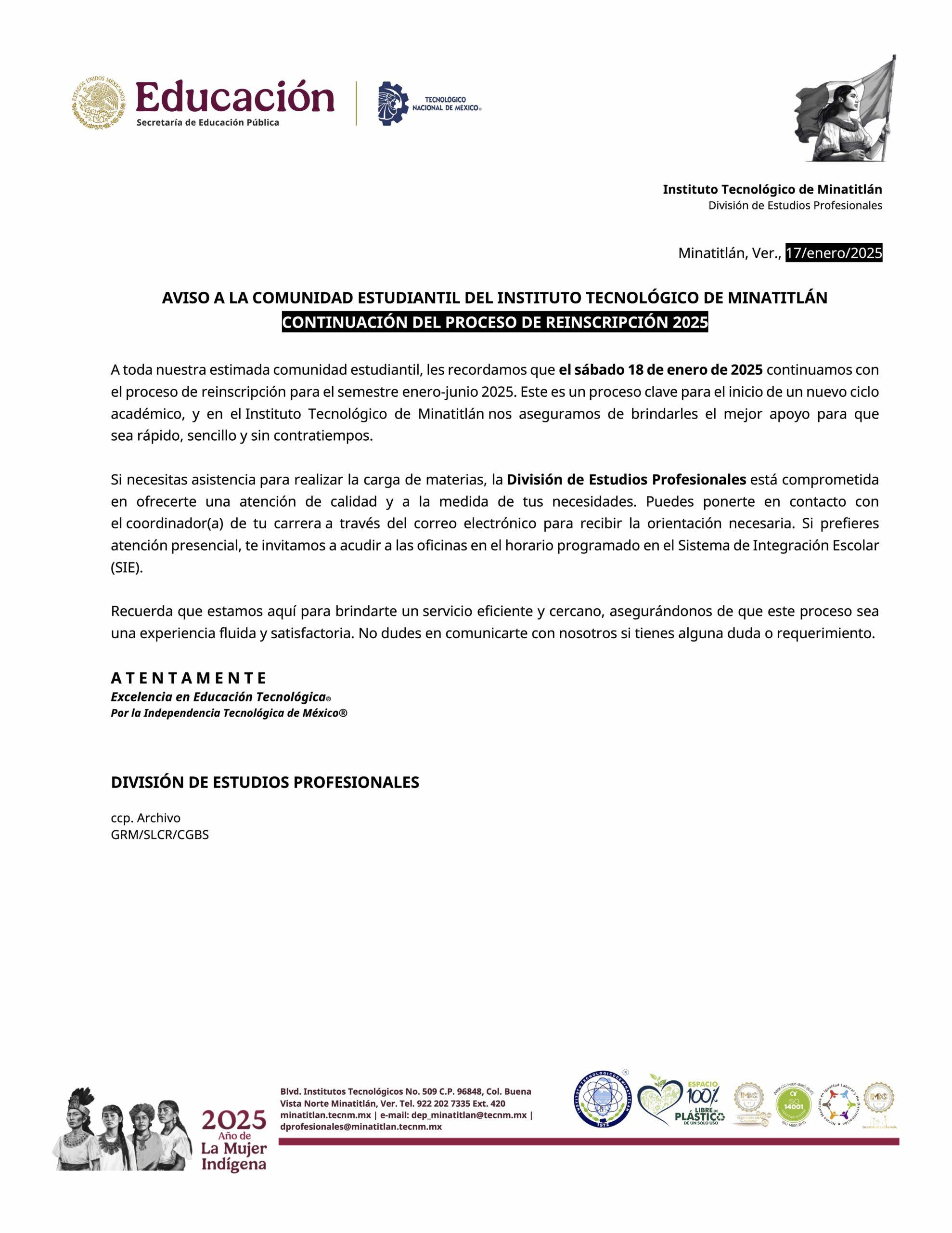 AVISO IMPORTANTE: CONTINUACIÓN DEL PROCESO DE REINSCRIPCIÓN 2025