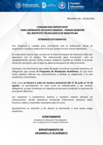 COMUNICADO IMPORTANTE PARA ASPIRANTES DE NUEVO INGRESO – PRIMER SEMESTRE DEL INSTITUTO TECNOLÓGICO DE MINATITLÁN