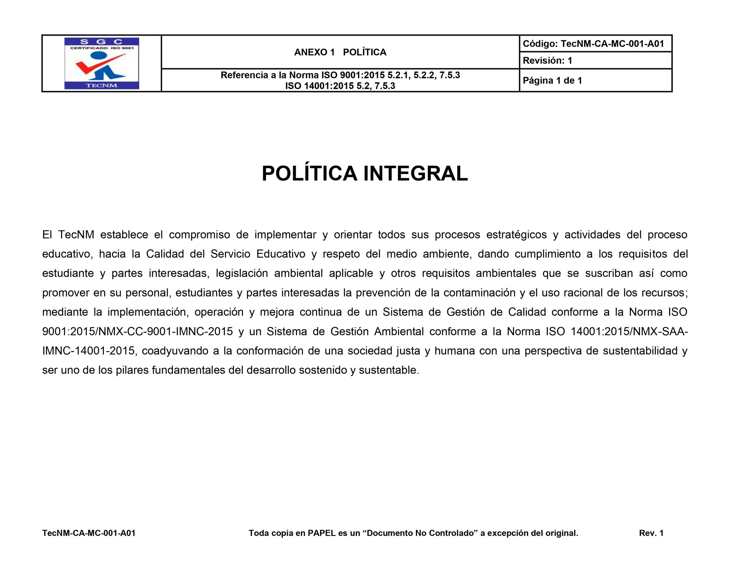 CONCIENTIZATEC: CONOCE LA POLÍTICA INTEGRAL DEL TECNM Y LAS ACCIONES QUE FORTALECEN NUESTRO SISTEMA DE GESTIÓN AMBIENTAL