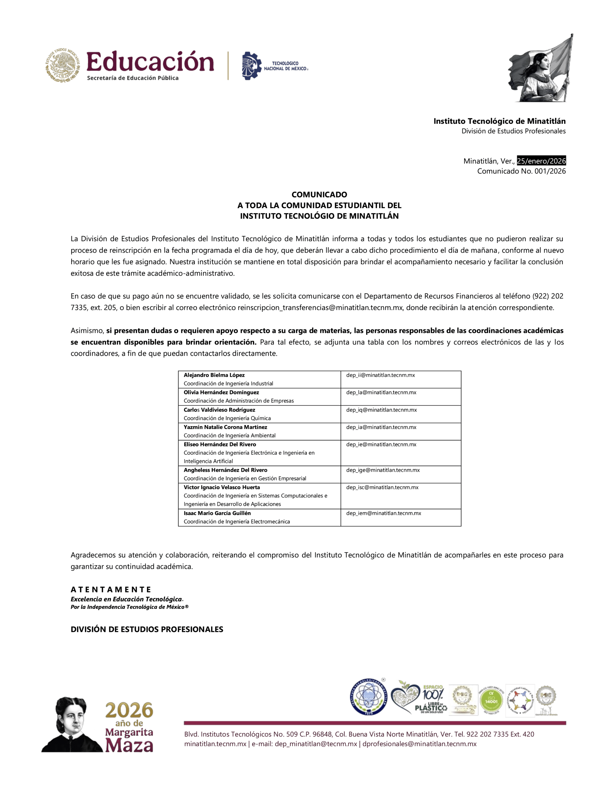 COMUNICADO A TODA LA COMUNIDAD ESTUDIANTIL DEL INSTITUTO TECNOLÓGIO DE MINATITLÁN