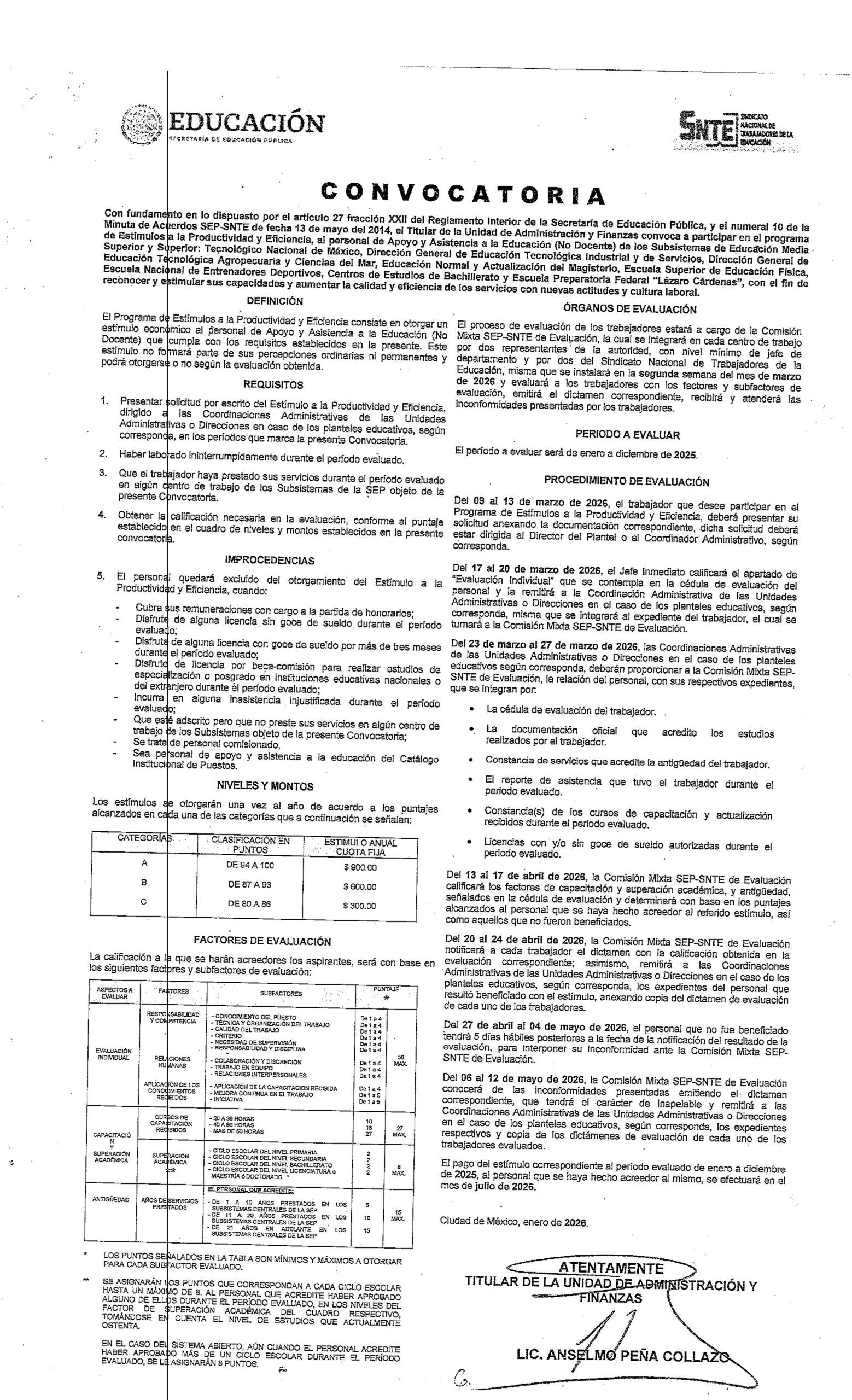 CONVOCATORIA DEL PROGRAMA DE ESTÍMULOS A LA PRODUCTIVIDAD Y EFICIENCIA DE LOS TRABAJADORES DE APOYO Y ASISTENCIA A LA EDUCACIÓN