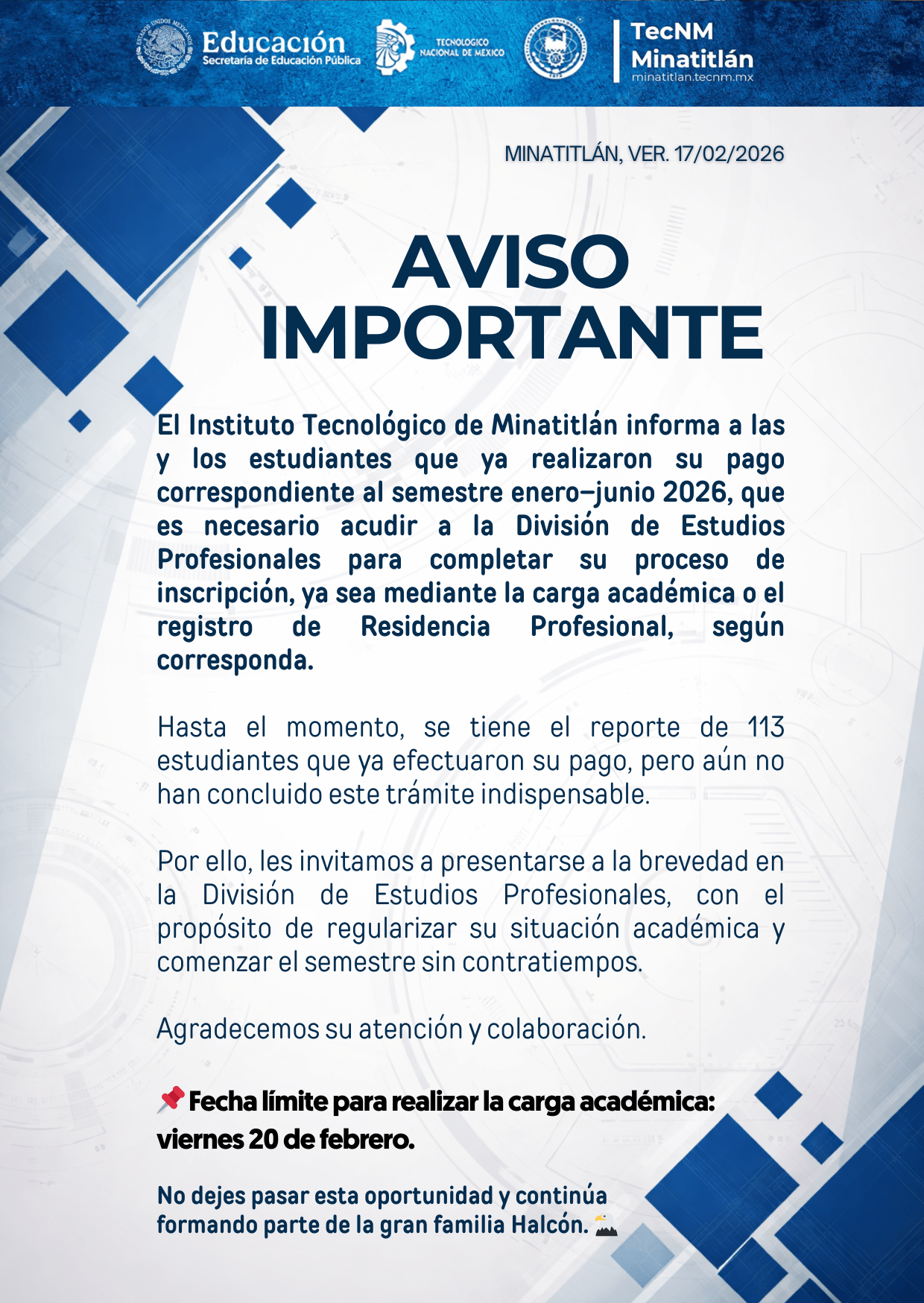 AVISO IMPORTANTE: ESTUDIANTES