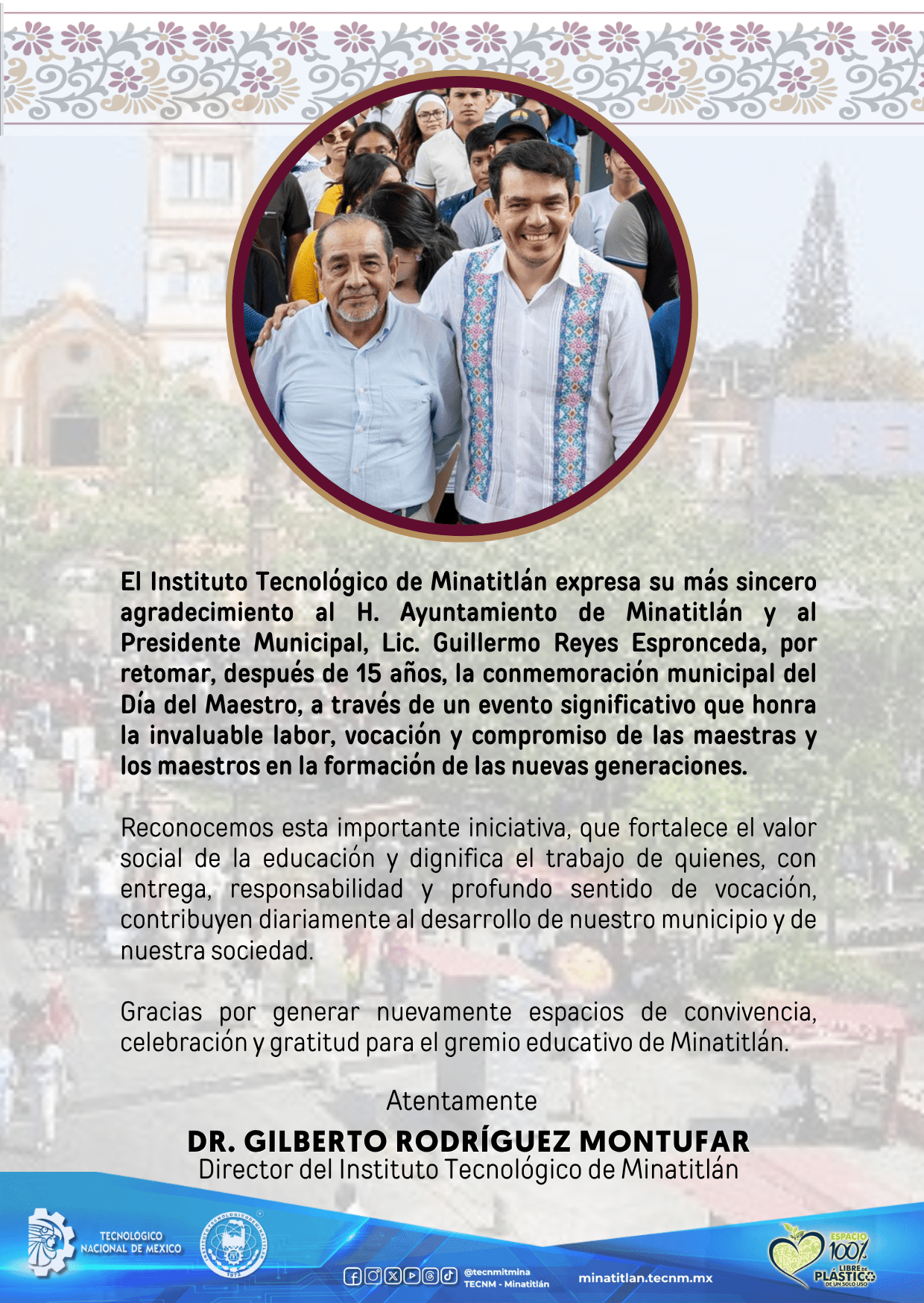 AGRADECIMIENTO  AL H. AYUNTAMIENTO DE MINATITLÁN Y AL PRESIDENTE MUNICIPAL, LIC. GUILLERMO REYES ESPRONCEDA