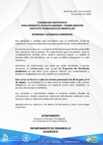 COMUNICADO IMPORTANTE PARA ASPIRANTES DE NUEVO INGRESO – PRIMER SEMESTRE DEL INSTITUTO TECNOLÓGICO DE MINATITLÁN