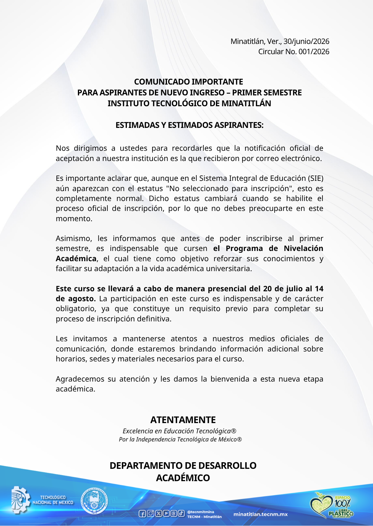 COMUNICADO IMPORTANTE PARA ASPIRANTES DE NUEVO INGRESO – PRIMER SEMESTRE DEL INSTITUTO TECNOLÓGICO DE MINATITLÁN
