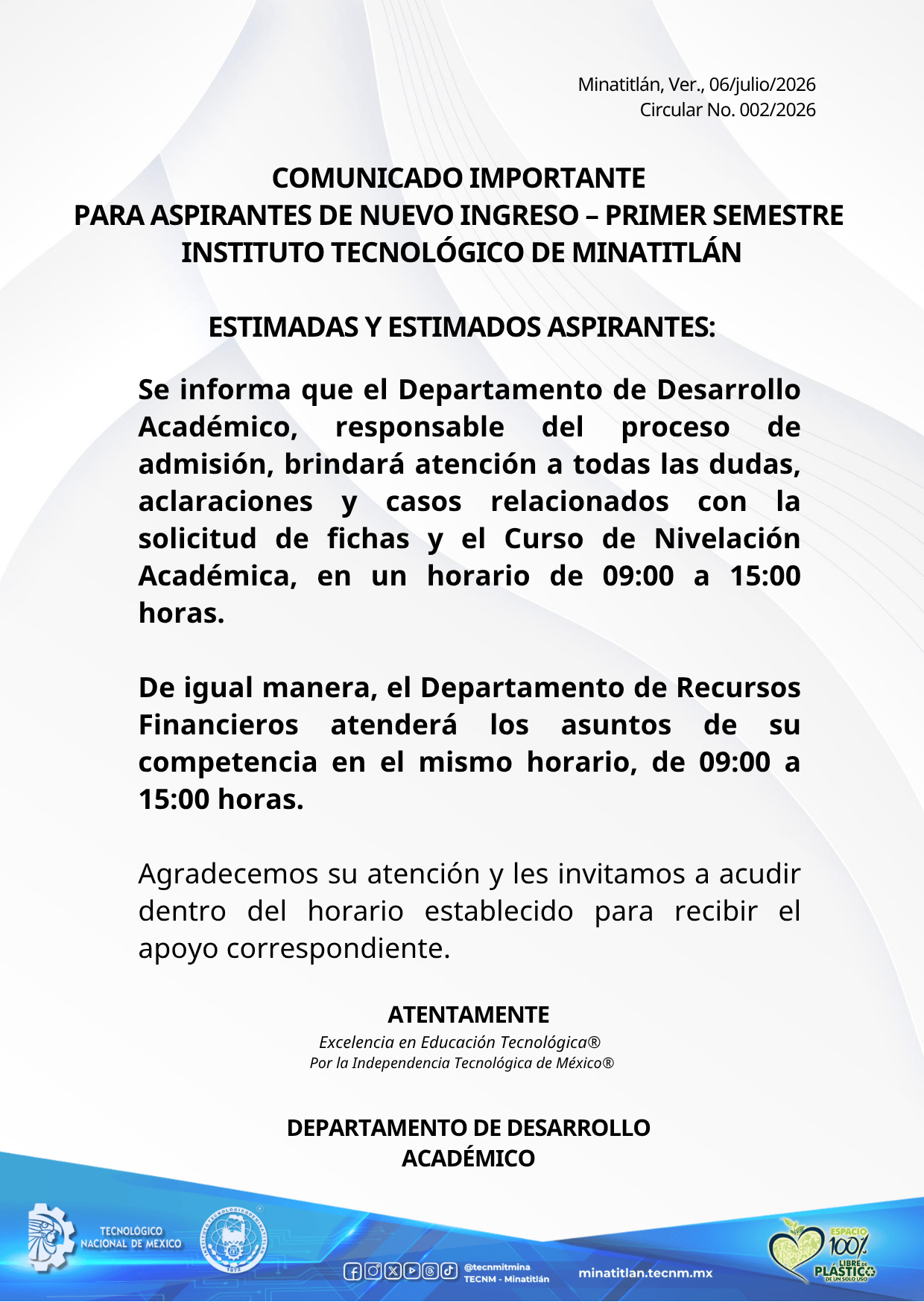 COMUNICADO IMPORTANTE PARA ASPIRANTES DE NUEVO INGRESO – PRIMER SEMESTRE DEL INSTITUTO TECNOLÓGICO DE MINATITLÁN