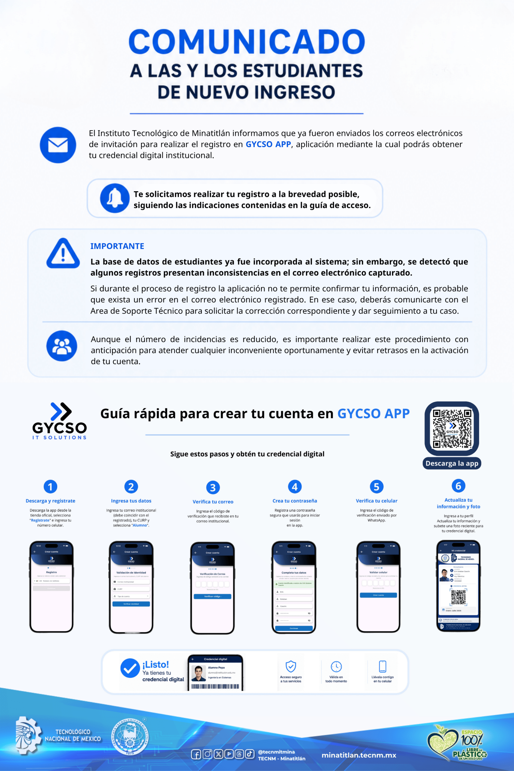 AVISO IMPORTANTE ESTUDIANTES DE NUEVO INGRESO: REGISTRO EN GYCSO