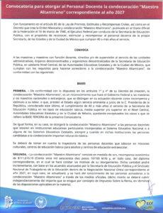 CONVOCATORIAS PARA OTORGAR AL PERSONAL DOCENTE LA CONDECORACIÓN “MAESTRO ALTAMIRANO” Y MEDALLA “RAFAEL RAMIREZ” 2027