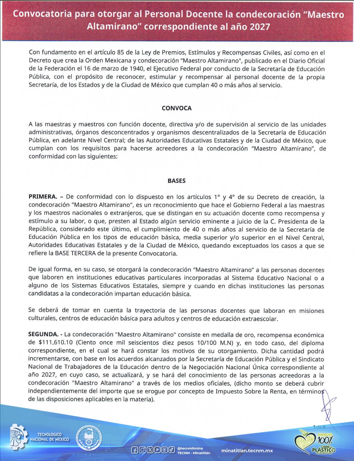 CONVOCATORIAS PARA OTORGAR AL PERSONAL DOCENTE LA CONDECORACIÓN “MAESTRO ALTAMIRANO” Y MEDALLA “RAFAEL RAMIREZ” 2027