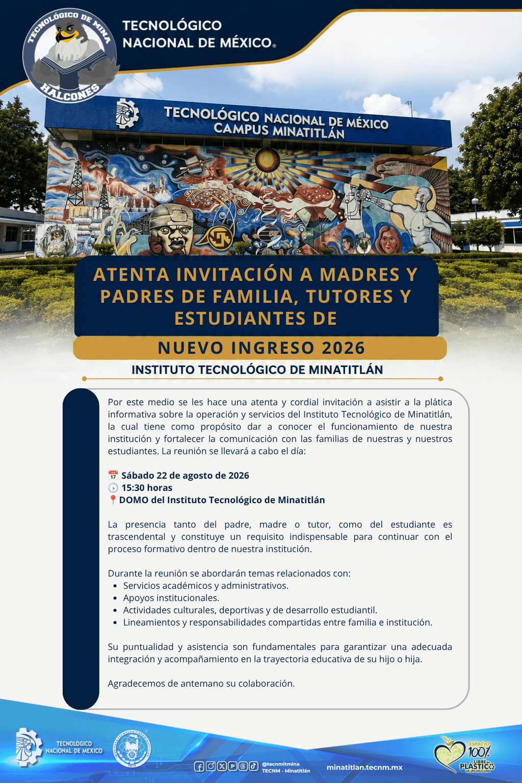 ATENTA INVITACIÓN A MADRES Y PADRES DE FAMILIA, TUTORES Y ESTUDIANTES DE NUEVO INGRESO 2026