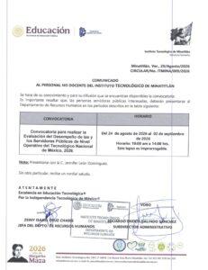 CONVOCATORIA PARA REALIZAR LA EVALUACIÓN DEL DESEMPEÑO DE LAS Y LOS SERVIDORES PÚBLICOS DE NIVEL OPERATIVO DEL TECNM 2026