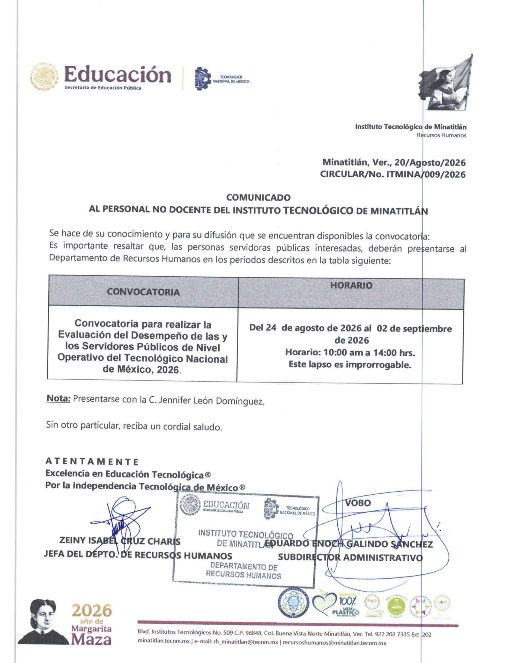 CONVOCATORIA PARA REALIZAR LA EVALUACIÓN DEL DESEMPEÑO DE LAS Y LOS SERVIDORES PÚBLICOS DE NIVEL OPERATIVO DEL TECNM 2026