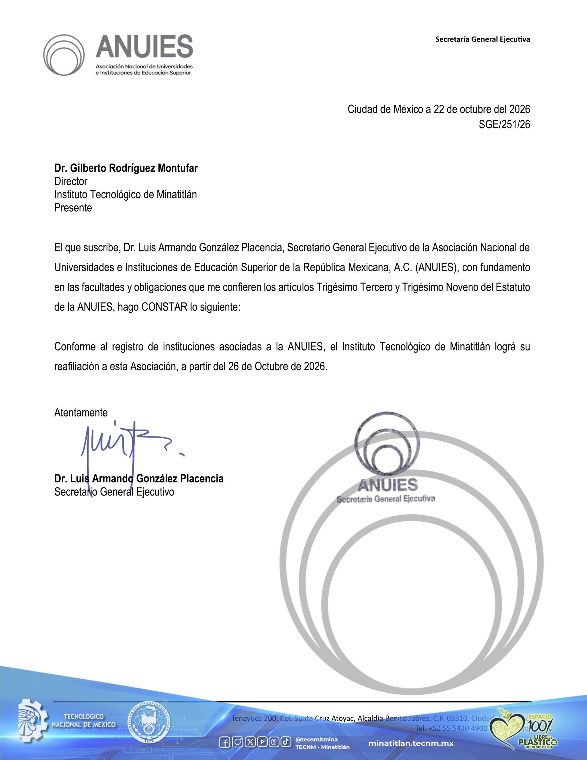 EL INSTITUTO TECNOLÓGICO DE MINATITLÁN RECUPERA SU AFILIACIÓN A LA ANUIES, UN LOGRO ESTRATÉGICO DE LA ACTUAL ADMINISTRACIÓN